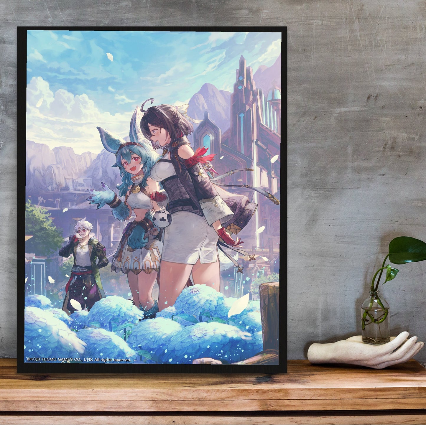 Atelier Yumia The Alchemist of Memories and the Envisioned Land Welleks Settlement in a black frame on a wooden shelf against concrete