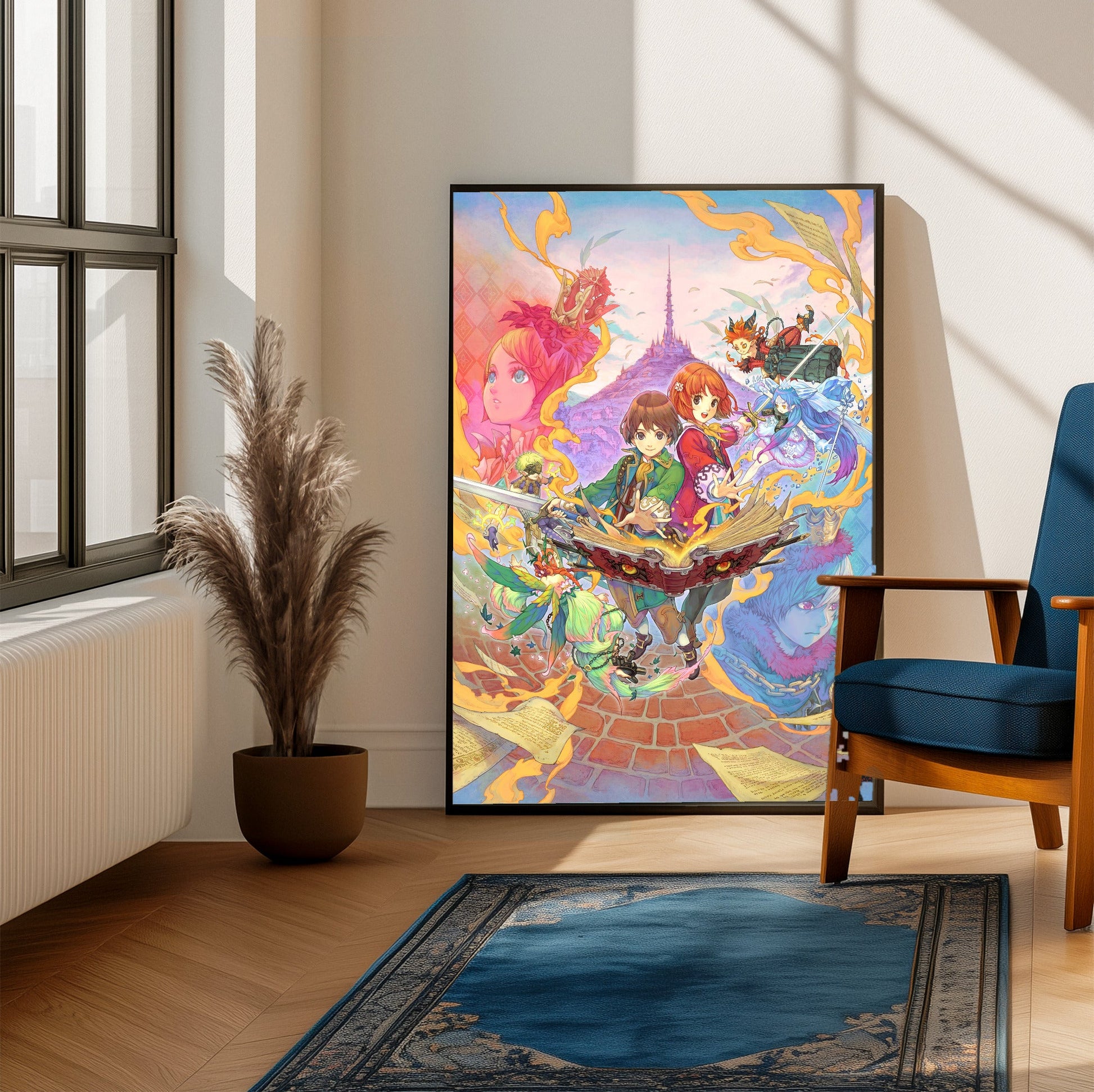 Avalon Code Main Illustration by Haccan framed beside a blue armchair in a sunlit room