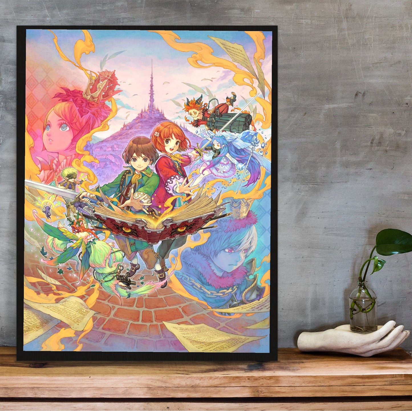 Avalon Code Main Illustration by Haccan in a black frame on a wooden shelf against concrete
