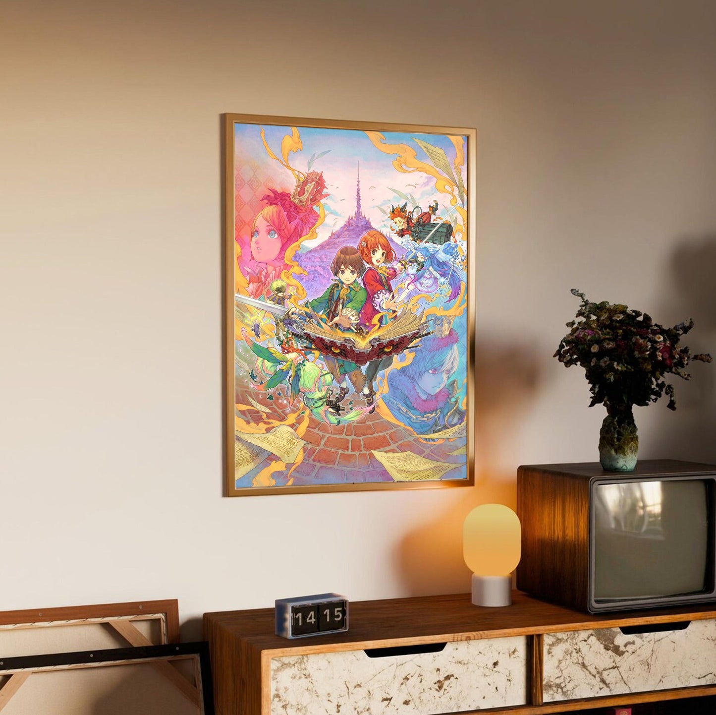 Avalon Code Main Illustration by Haccan in an oak frame above a sideboard