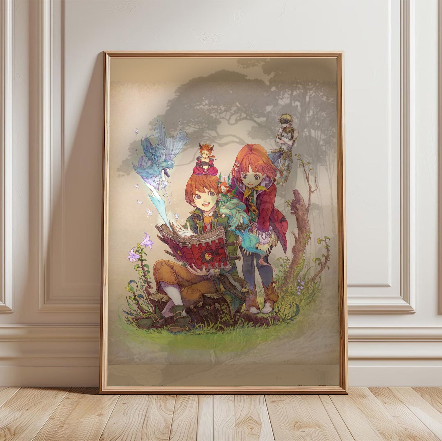 Avalon Code Yumil and Tia Illustration by Haccan in a light oak frame leaning against a white wall