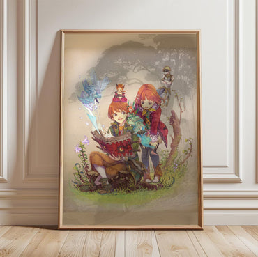 Avalon Code Yumil and Tia Illustration by Haccan in a light oak frame leaning against a white wall