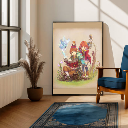 Avalon Code Yumil and Tia Illustration by Haccan framed beside a blue armchair in a sunlit room