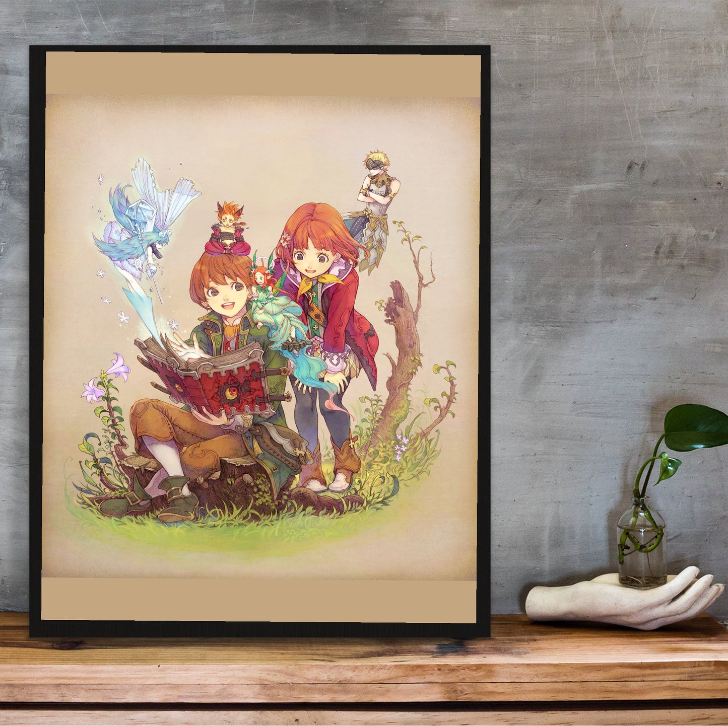 Avalon Code Yumil and Tia Illustration by Haccan in a black frame on a wooden shelf against concrete