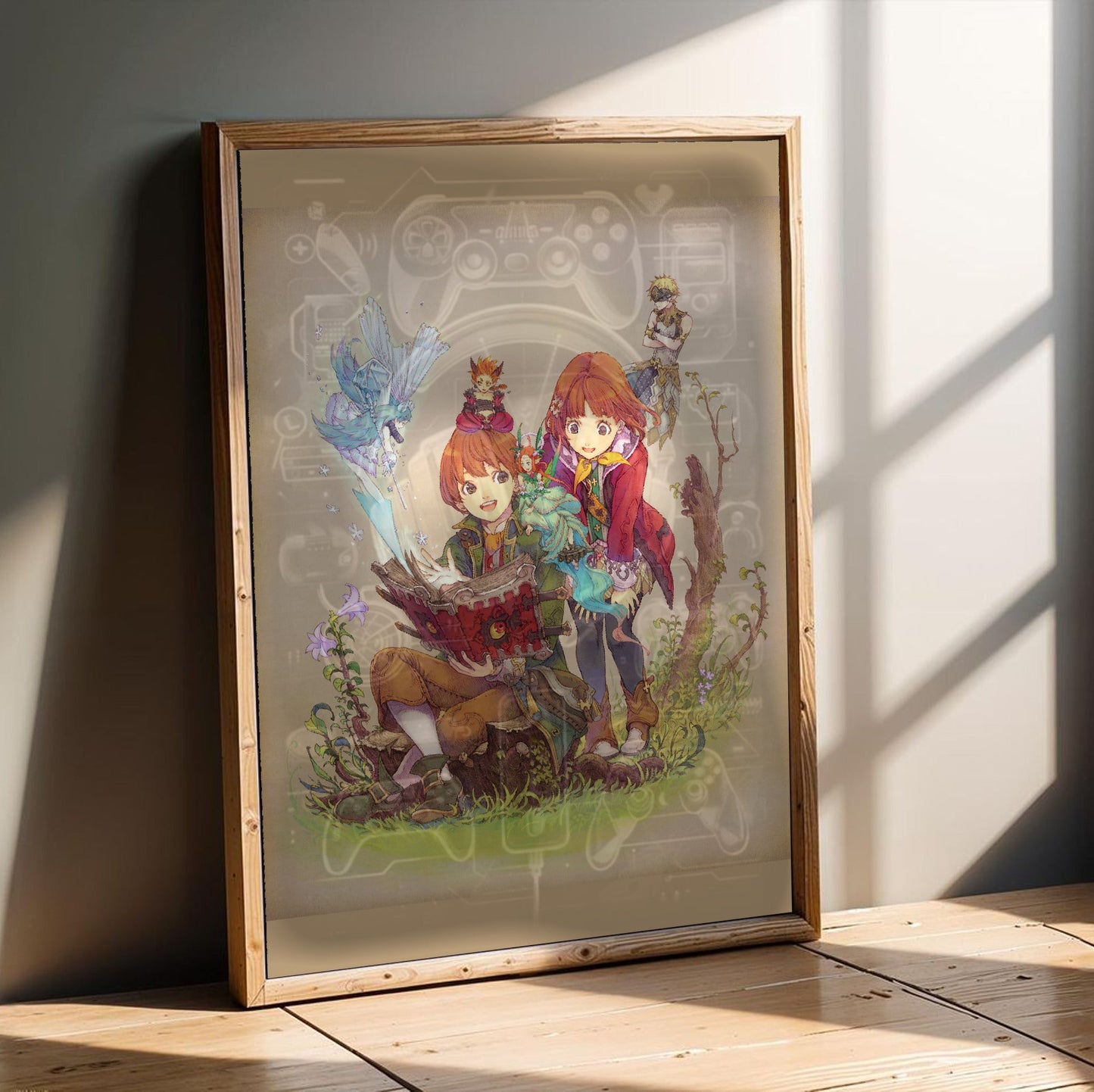 Avalon Code Yumil and Tia Illustration by Haccan in an oak frame leaning on a wooden floor