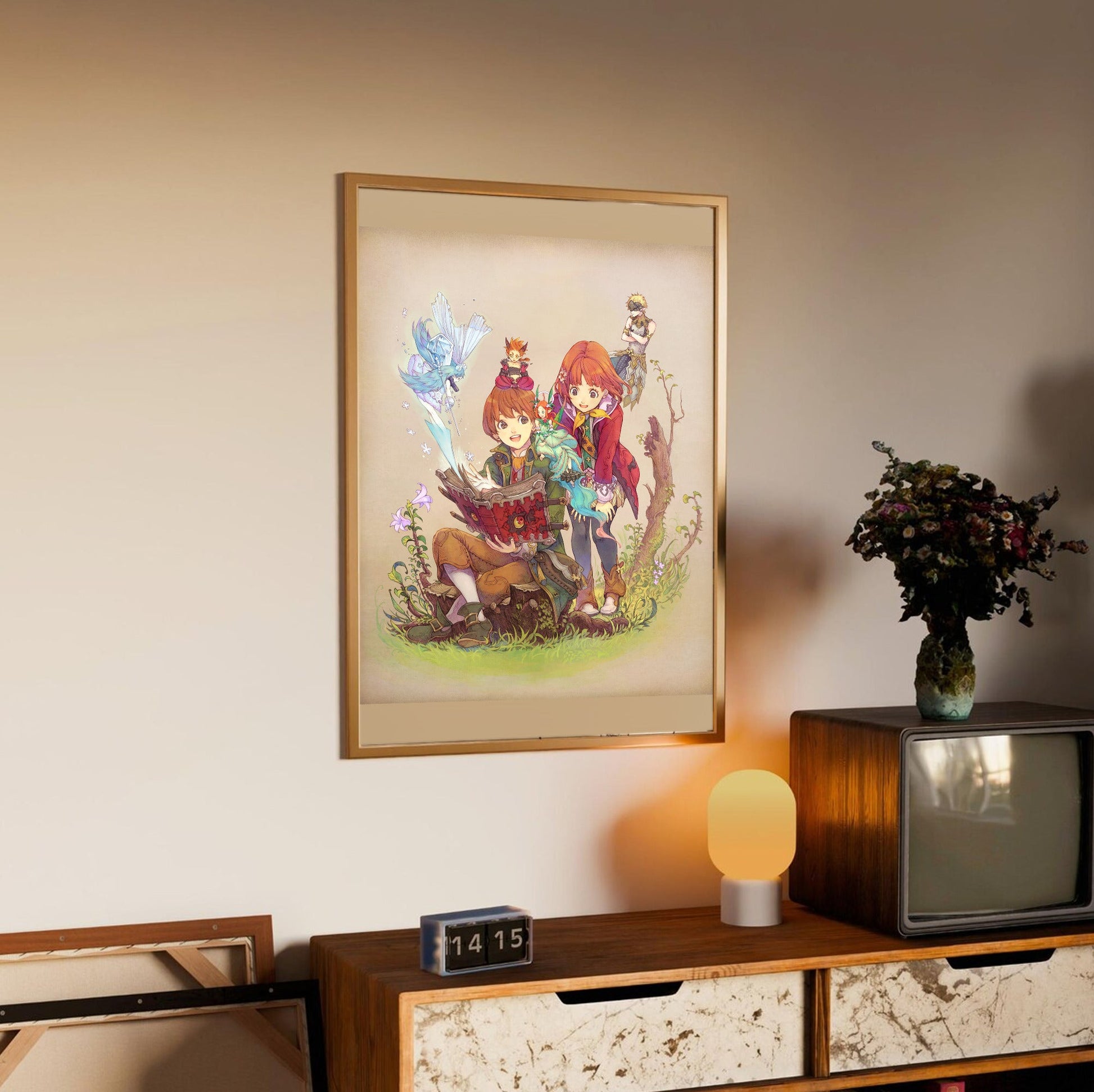 Avalon Code Yumil and Tia Illustration by Haccan in an oak frame above a sideboard