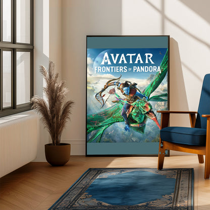 Avatar Frontiers of Pandora Official Cover Art framed beside a blue armchair in a sunlit room