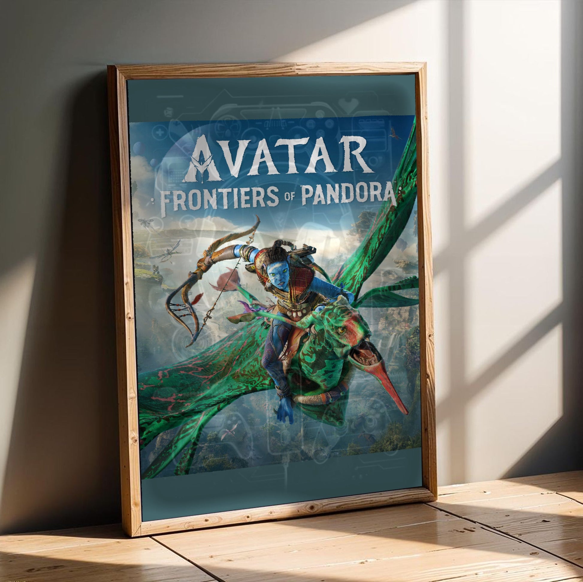 Avatar Frontiers of Pandora Official Cover Art in an oak frame leaning on a wooden floor