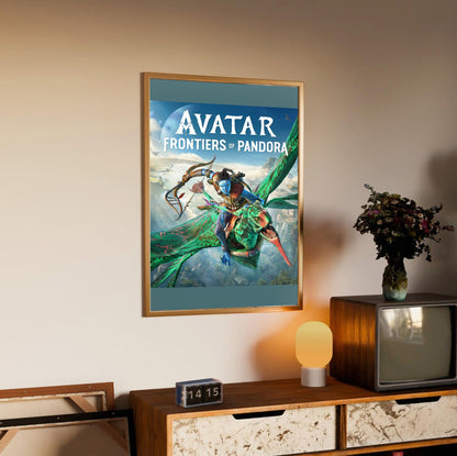 Avatar Frontiers of Pandora Official Cover Art in an oak frame above a sideboard