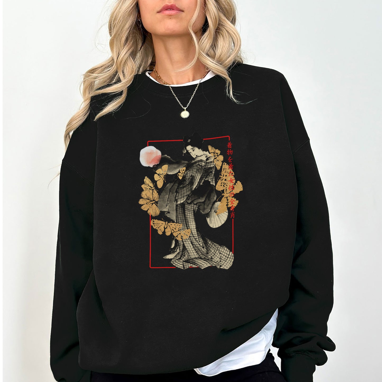 Japanese Geisha Art Sweatshirt – Ukiyo-e Inspired Graphic Oversized Pullover