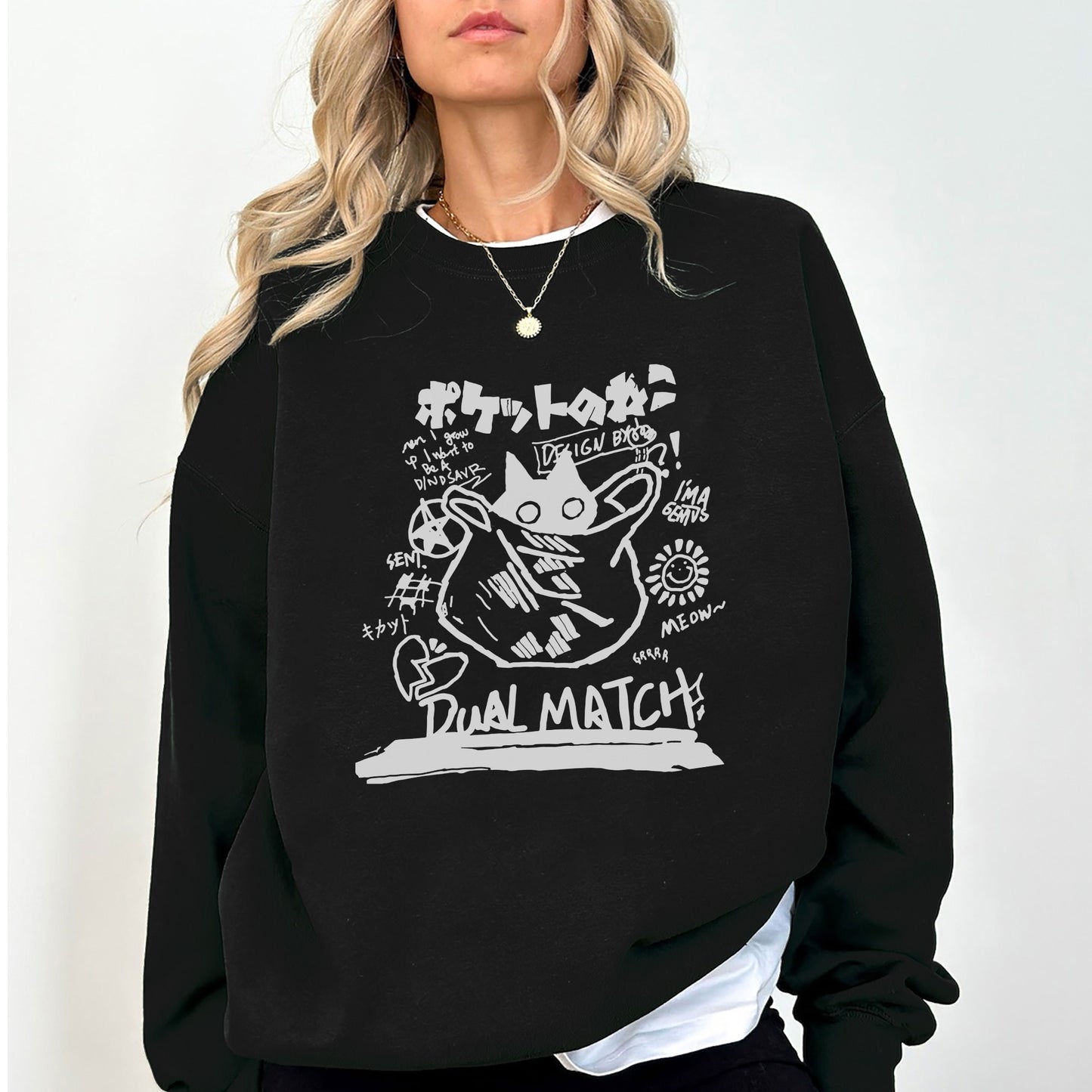 Japanese Doodle Cat Sweatshirt | Anime Streetwear Crewneck | Urban Sketch Graphic Unisex Pullover