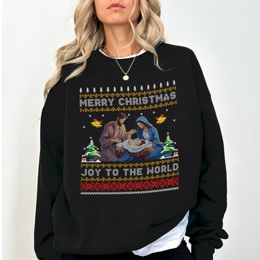 Joy to the World Christmas Sweatshirt – Nativity Scene Ugly Sweater Style – Merry Christmas Jesus Mary Joseph Crewneck – Religious Holiday Gift