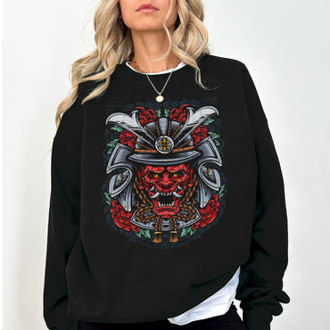 Japanese Samurai Oni Sweatshirt | Demon Mask Warrior Art Crewneck | Bold Japanese Streetwear Unisex Pullover