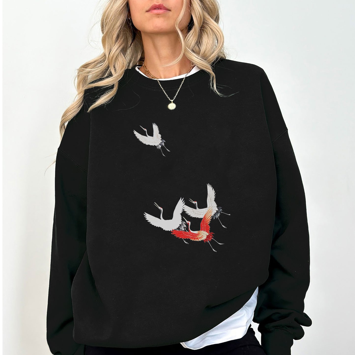 Japanese Crane Sweatshirt – Minimalist Asian Art Bird Graphic Oversized Pullover