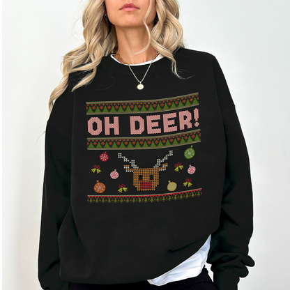 Funny “Oh Deer!” Christmas Sweatshirt – Cute Reindeer Holiday Pullover for Women | Cozy Winter Ugly Sweater Gift