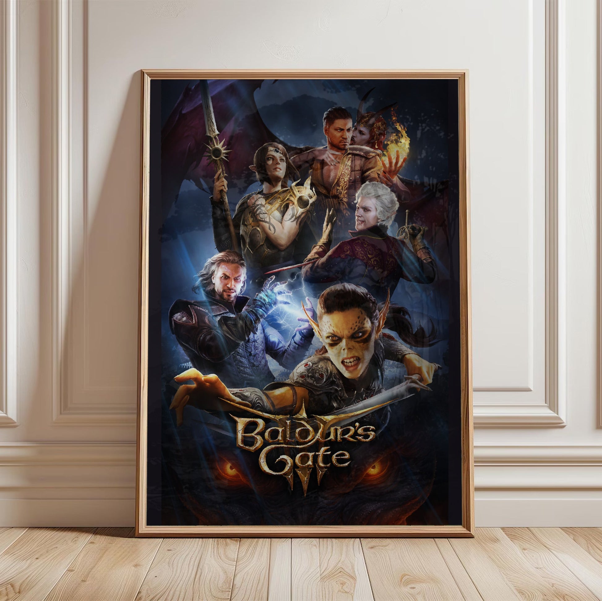 Baldurs Gate 3 Official Key Art in a light oak frame leaning against a white wall