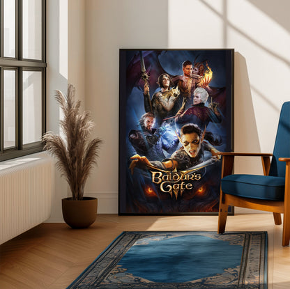 Baldurs Gate 3 Official Key Art framed beside a blue armchair in a sunlit room