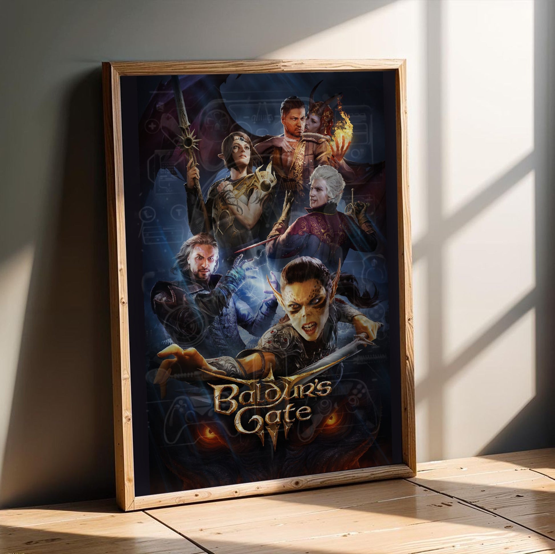 Baldurs Gate 3 Official Key Art in an oak frame leaning on a wooden floor