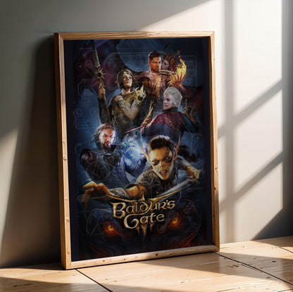 Baldurs Gate 3 Official Key Art in an oak frame leaning on a wooden floor