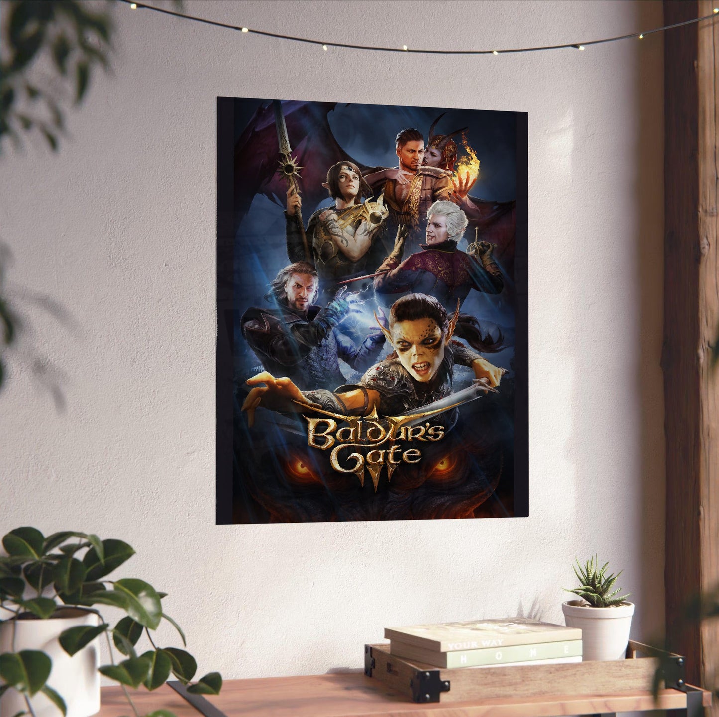 Baldurs Gate 3 Official Key Art unframed on a white wall above a desk