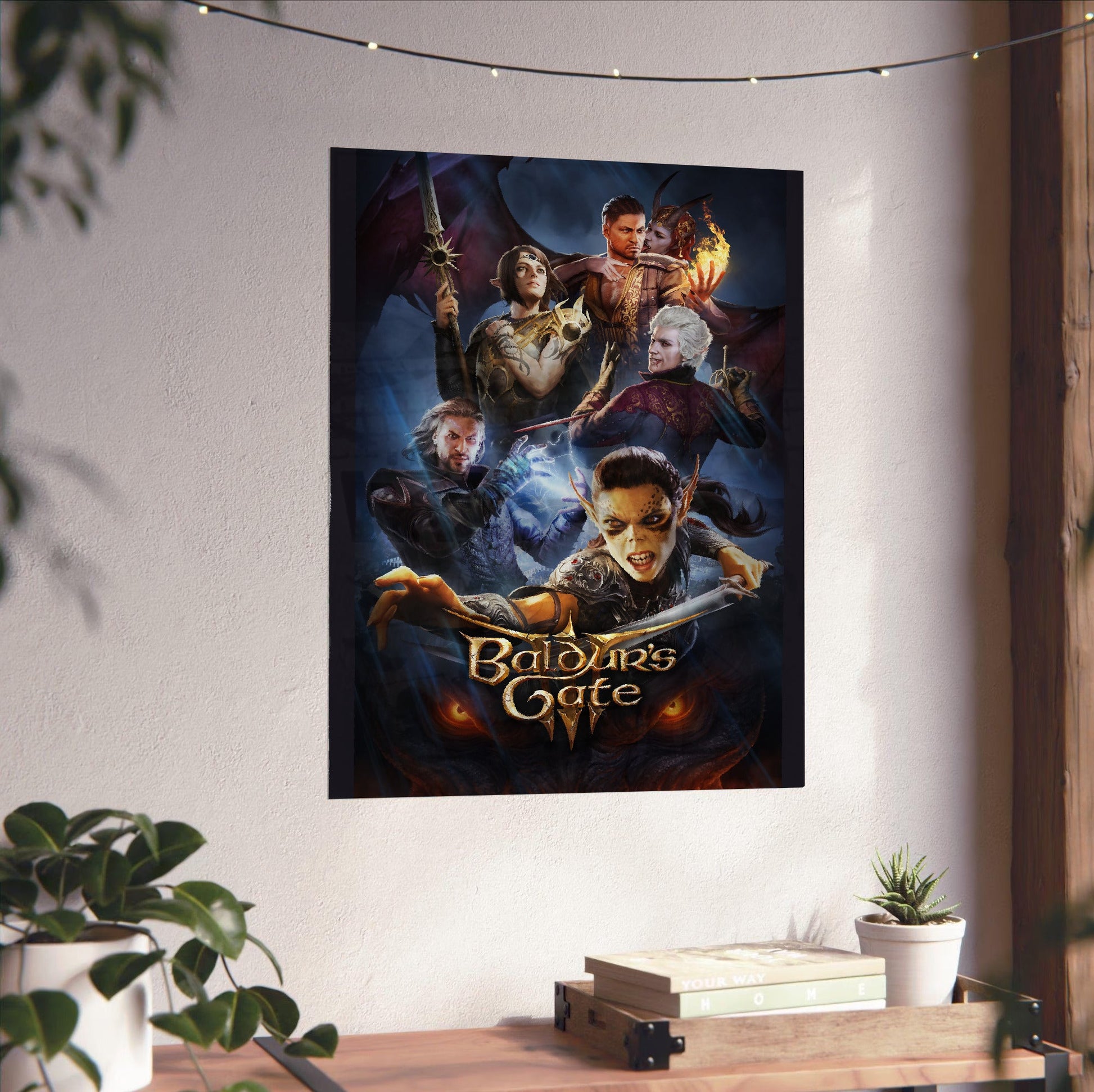 Baldurs Gate 3 Official Key Art unframed on a white wall above a desk