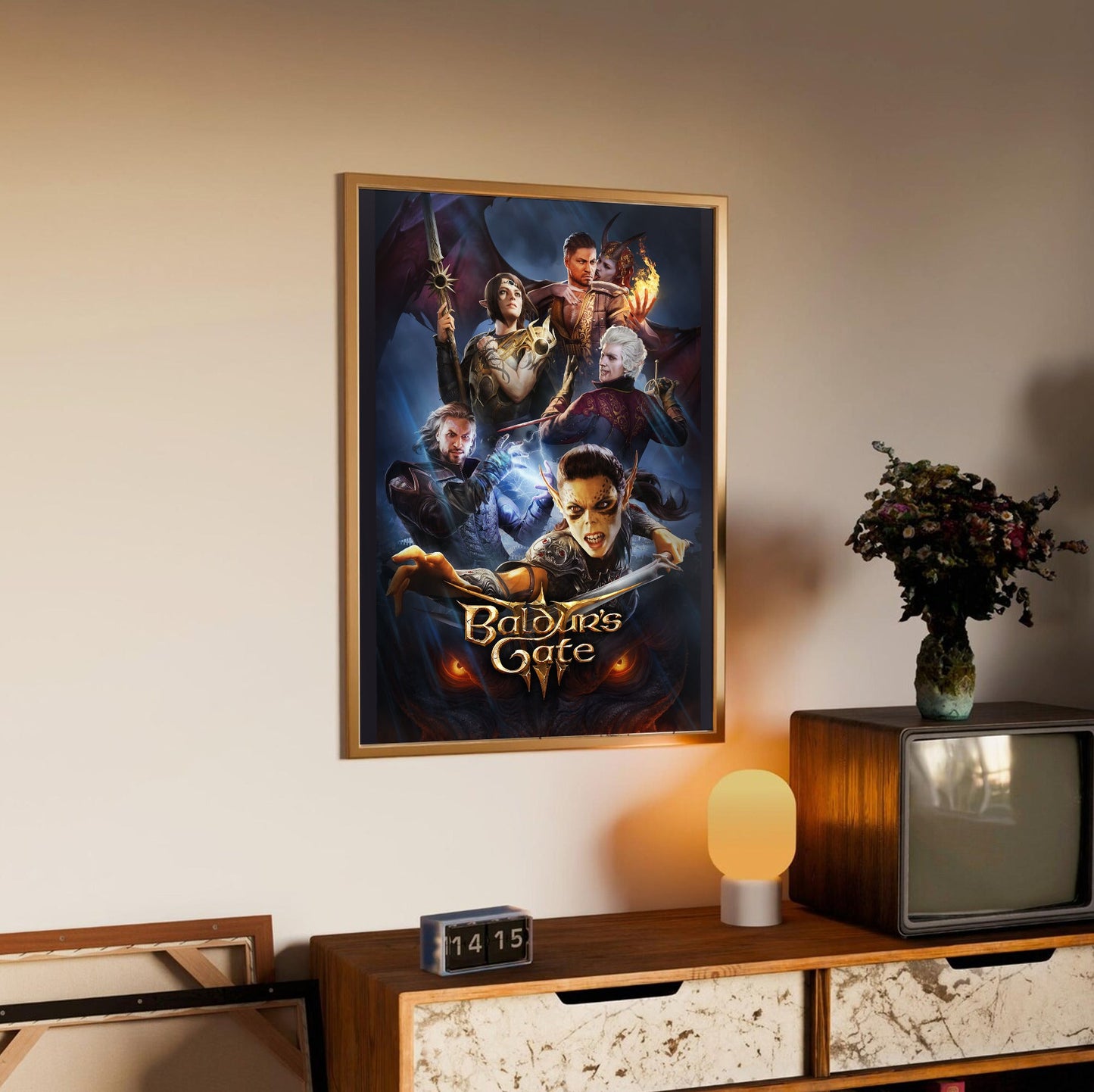 Baldurs Gate 3 Official Key Art in an oak frame above a sideboard