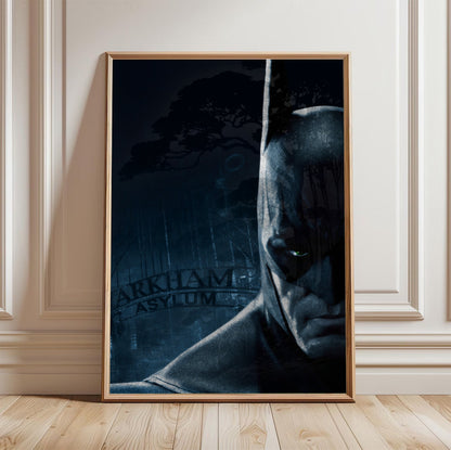 Batman Arkham Asylum Batman promo art poster in a light oak frame leaning against a white wall
