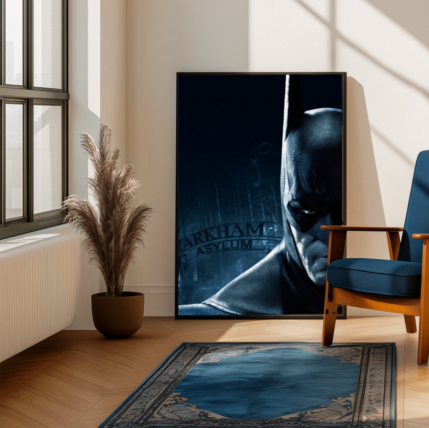 Batman Arkham Asylum Batman promo art poster framed beside a blue armchair in a sunlit room