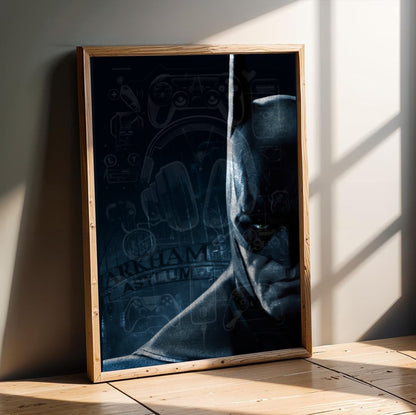Batman Arkham Asylum Batman promo art poster in an oak frame leaning on a wooden floor