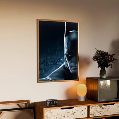 Batman Arkham Asylum Batman promo art poster in an oak frame above a sideboard