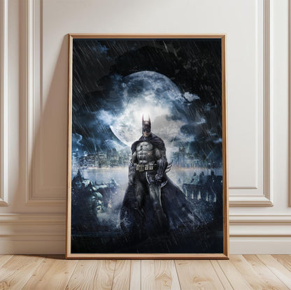 Batman Arkham Asylum official cover art poster in a light oak frame leaning against a white wall