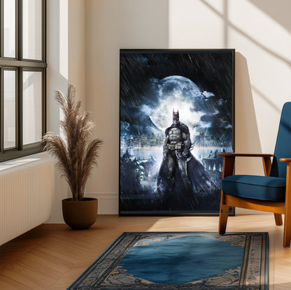 Batman Arkham Asylum official cover art poster framed beside a blue armchair in a sunlit room