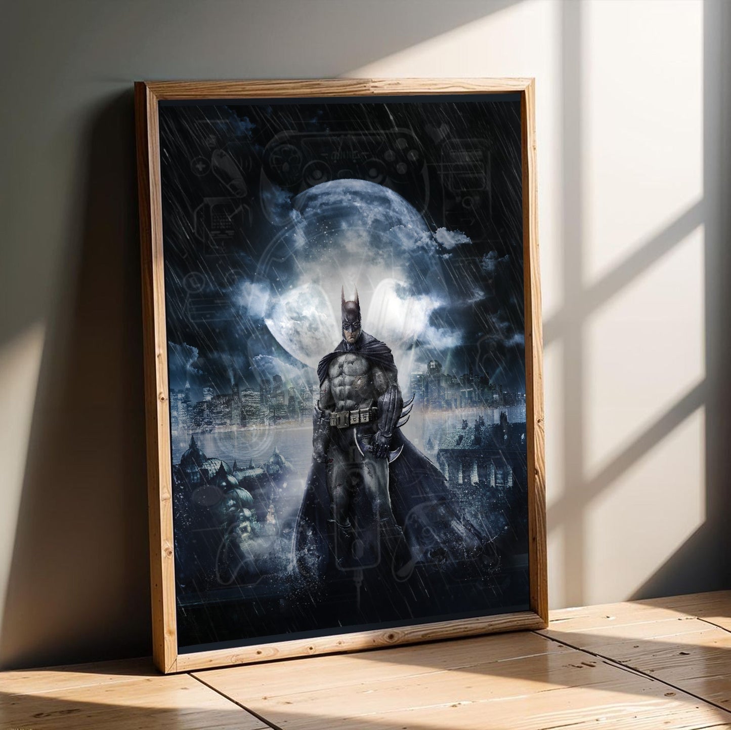 Batman Arkham Asylum official cover art poster in an oak frame leaning on a wooden floor