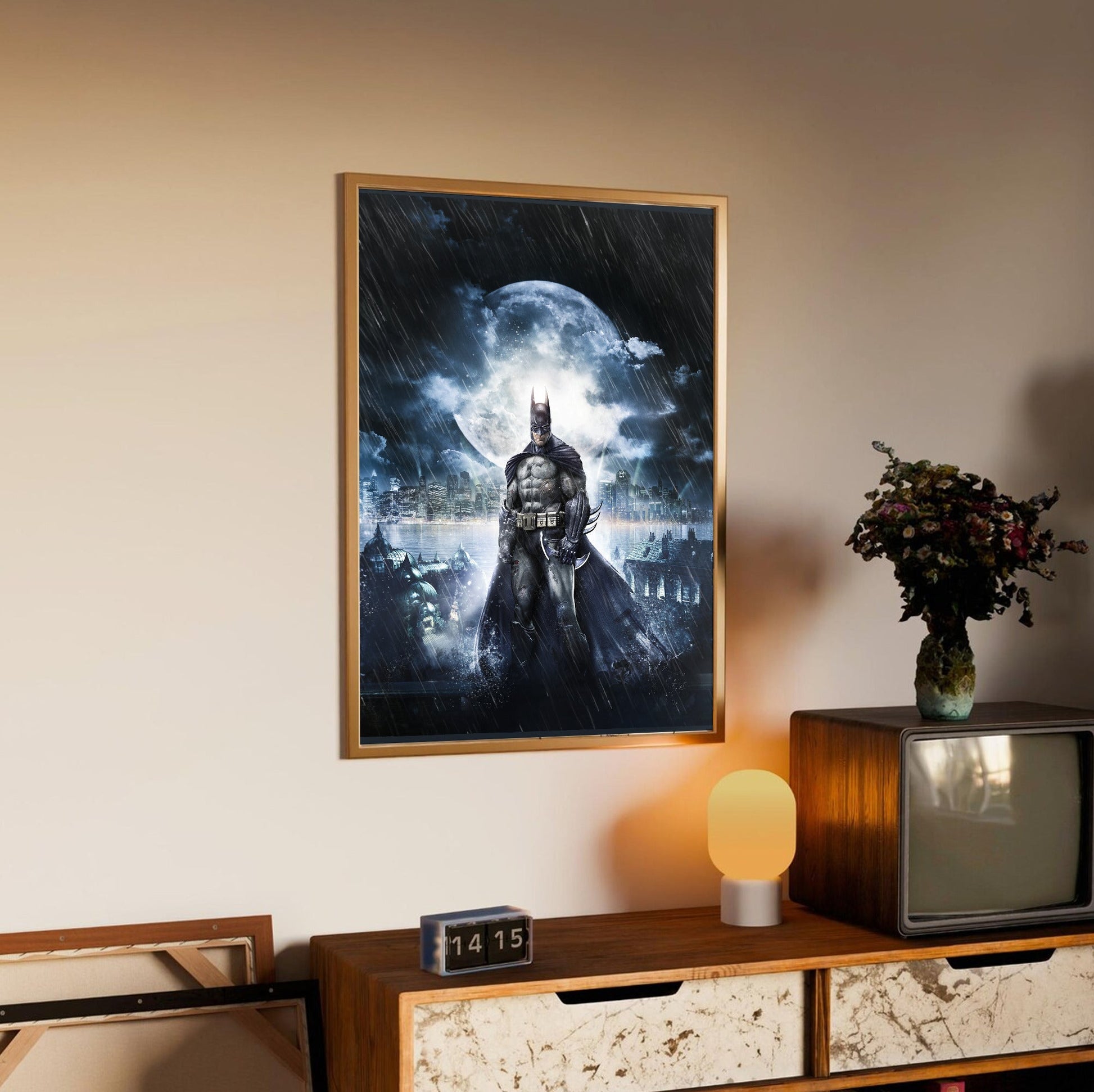 Batman Arkham Asylum official cover art poster in an oak frame above a sideboard