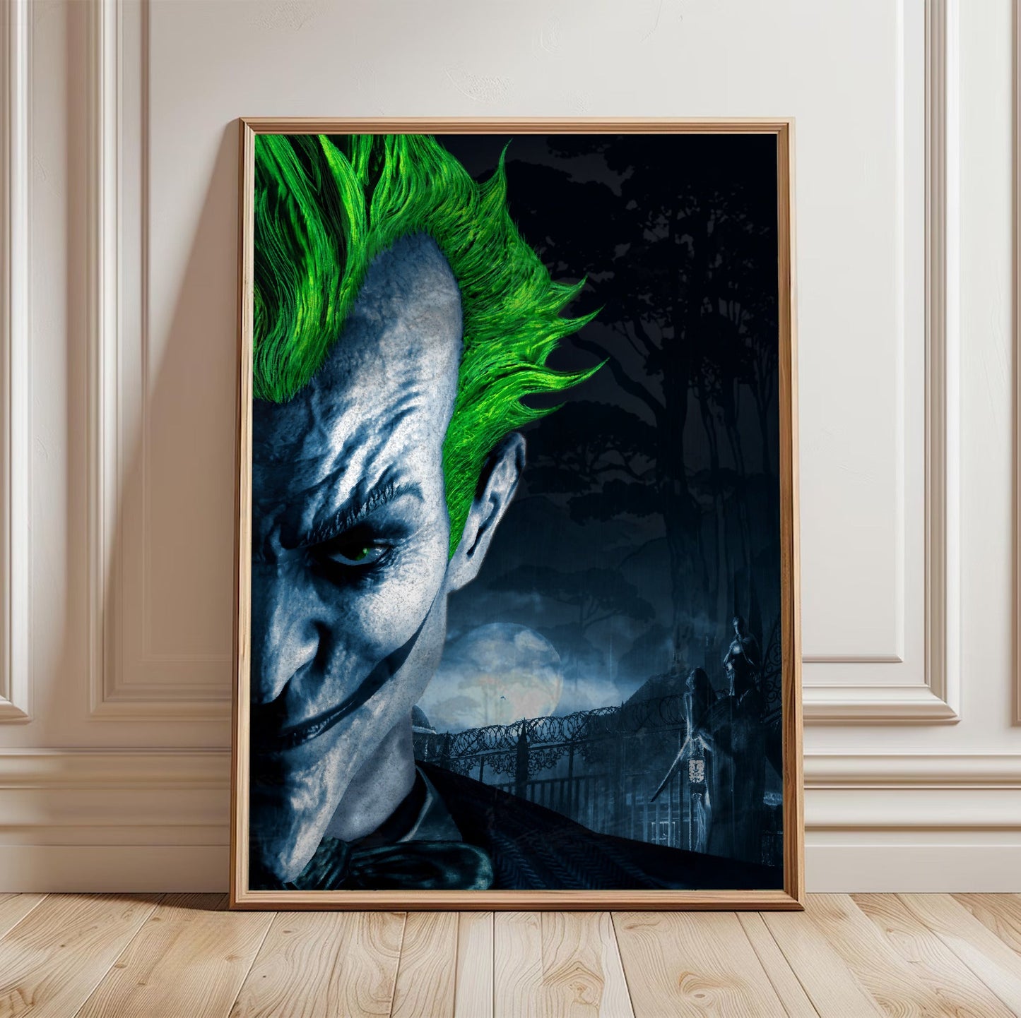 Batman Arkham Asylum Joker promo art poster in a light oak frame leaning against a white wall