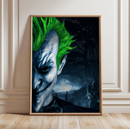 Batman Arkham Asylum Joker promo art poster in a light oak frame leaning against a white wall