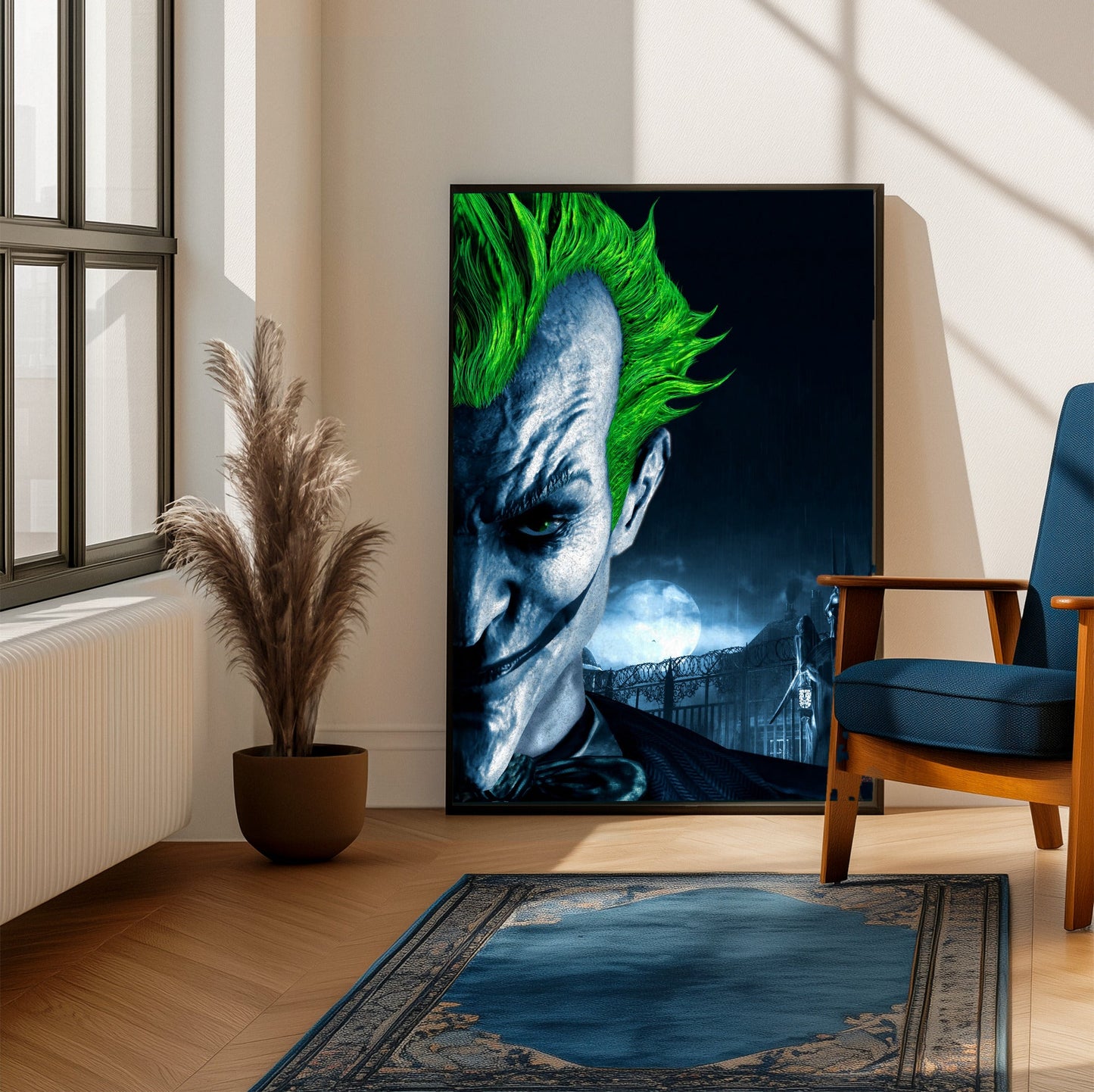 Batman Arkham Asylum Joker promo art poster framed beside a blue armchair in a sunlit room