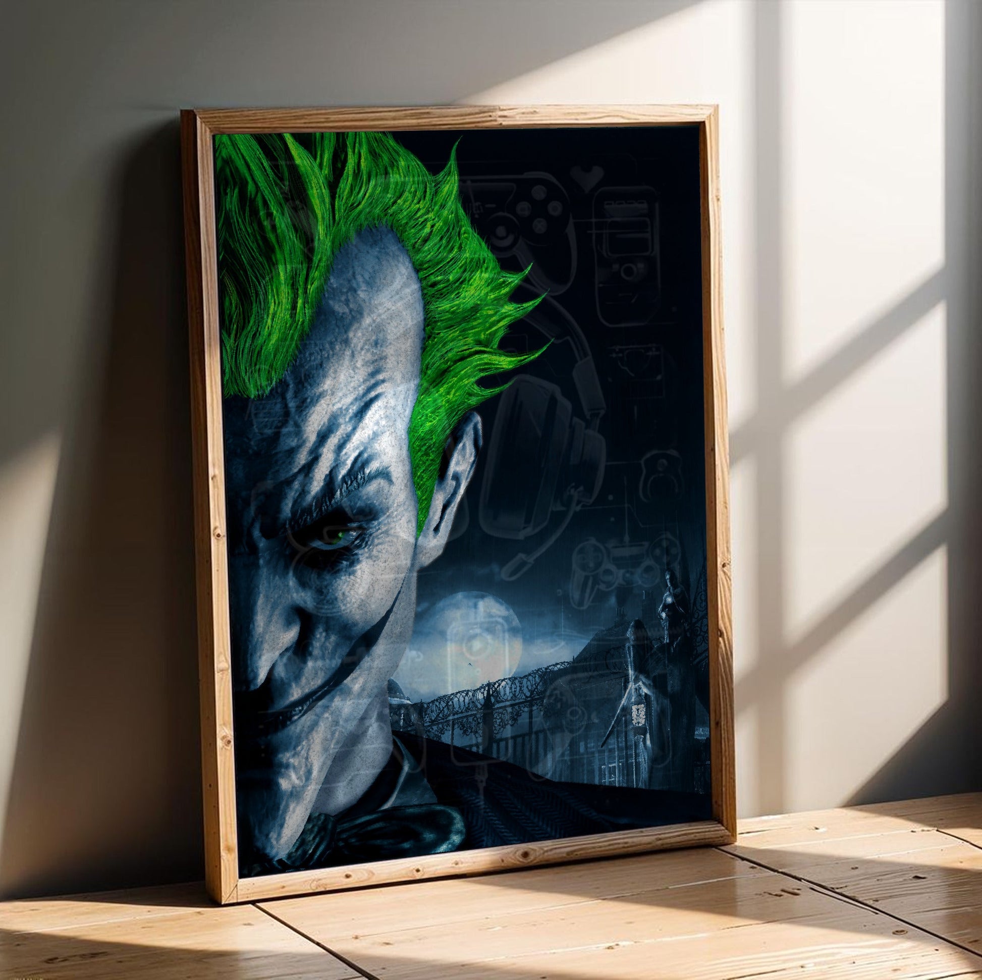 Batman Arkham Asylum Joker promo art poster in an oak frame leaning on a wooden floor