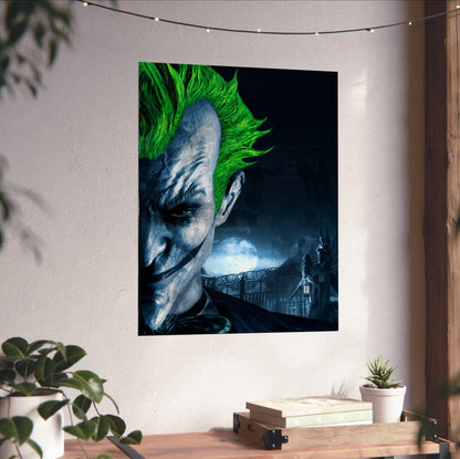 Batman Arkham Asylum Joker promo art poster unframed on a white wall above a desk