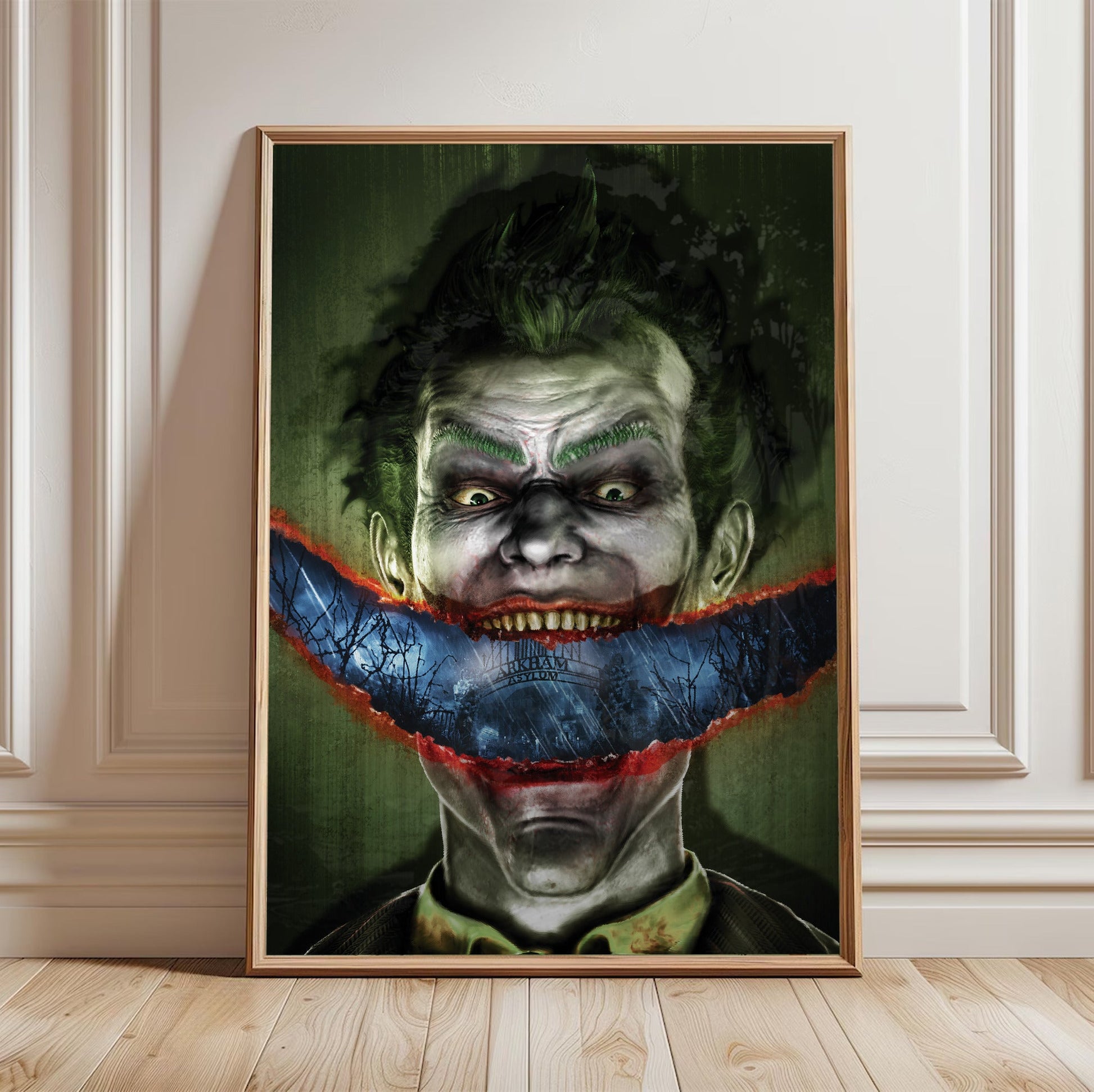Batman Arkham Asylum Joker stitched smile art poster in a light oak frame leaning against a white wall