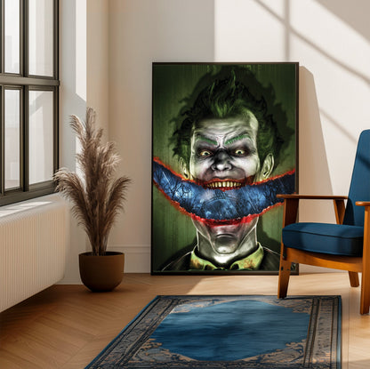 Batman Arkham Asylum Joker stitched smile art poster framed beside a blue armchair in a sunlit room