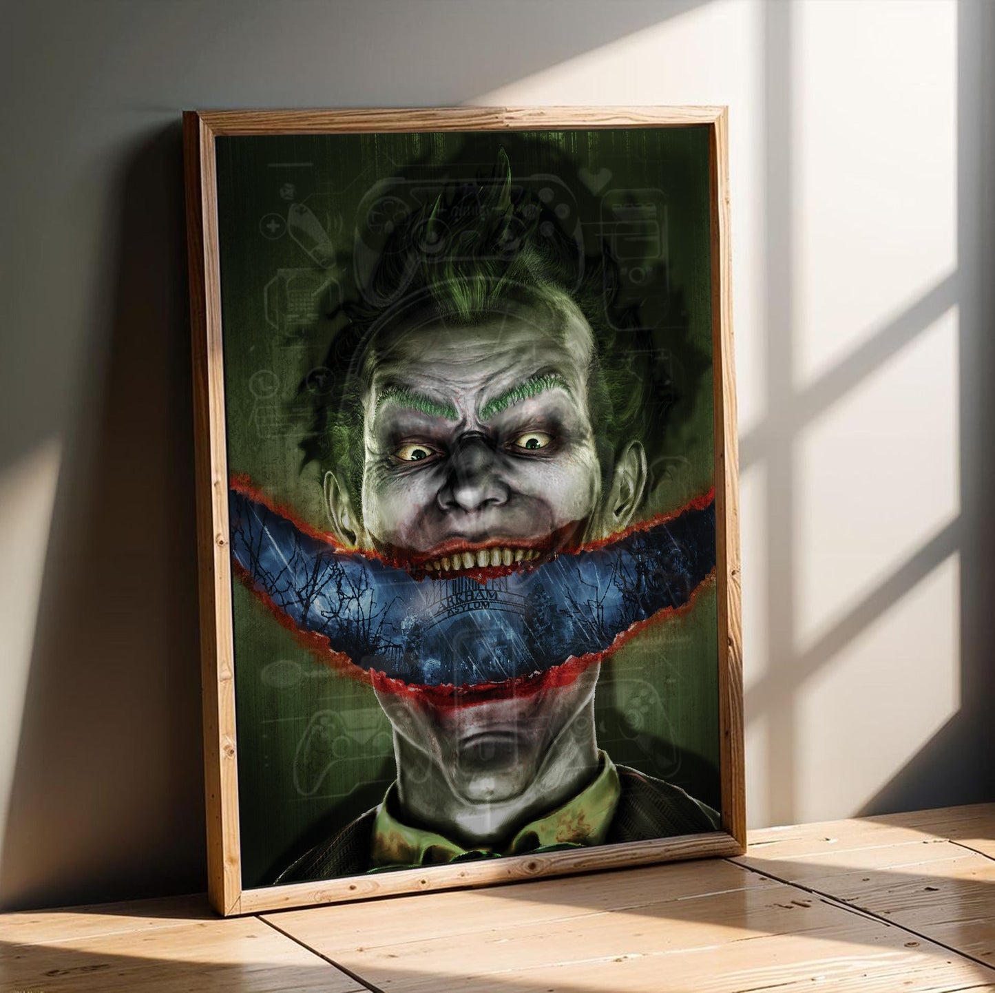 Batman Arkham Asylum Joker stitched smile art poster in an oak frame leaning on a wooden floor