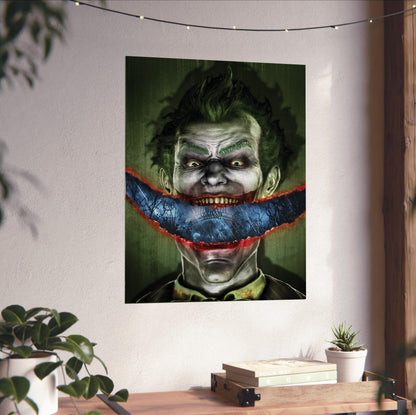 Batman Arkham Asylum Joker stitched smile art poster unframed on a white wall above a desk