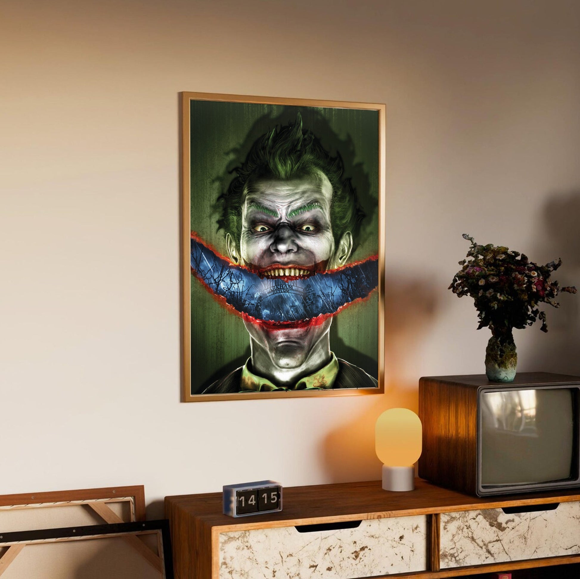 Batman Arkham Asylum Joker stitched smile art poster in an oak frame above a sideboard