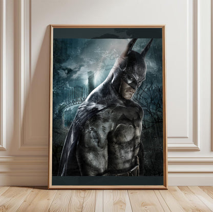 Batman Arkham Asylum official key art poster in a light oak frame leaning against a white wall
