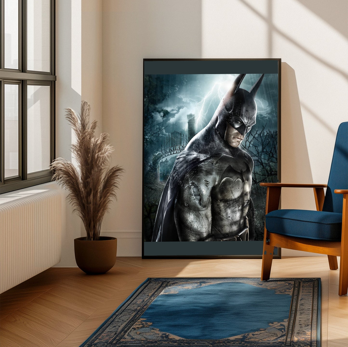 Batman Arkham Asylum official key art poster framed beside a blue armchair in a sunlit room