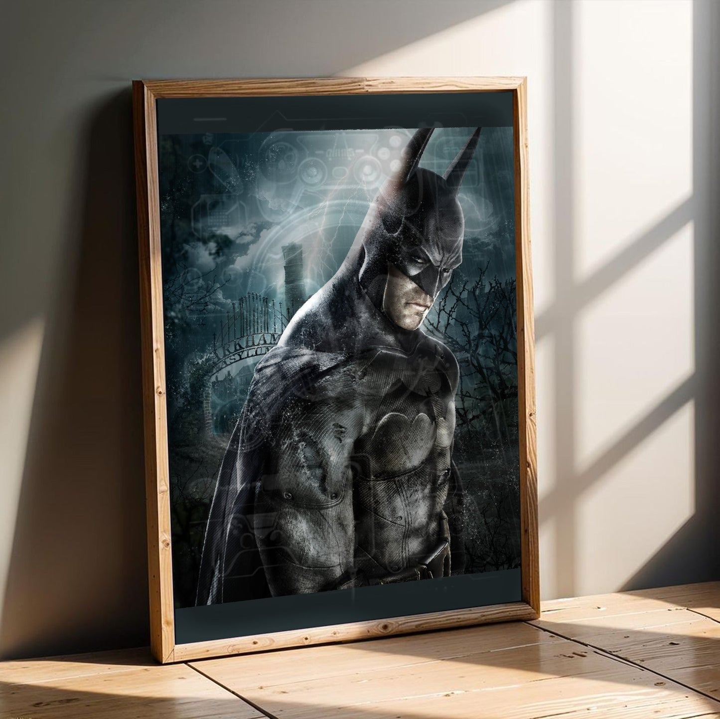 Batman Arkham Asylum official key art poster in an oak frame leaning on a wooden floor