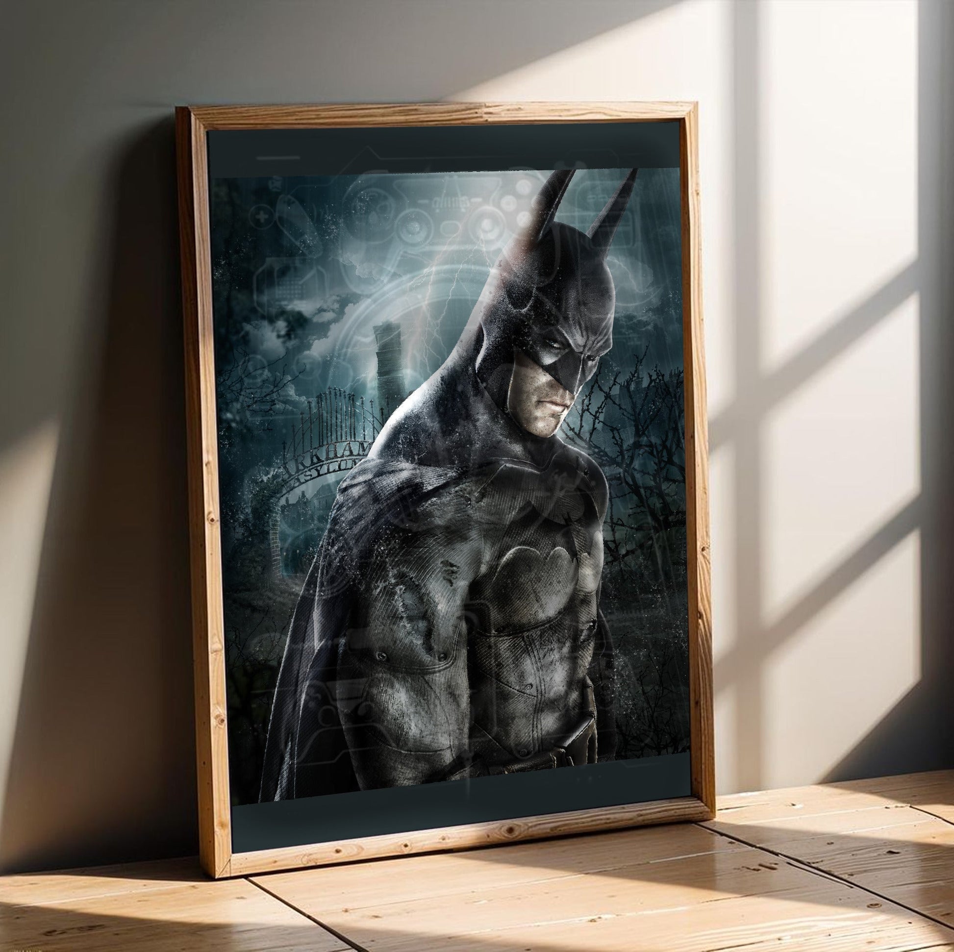 Batman Arkham Asylum official key art poster in an oak frame leaning on a wooden floor