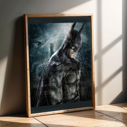 Batman Arkham Asylum official key art poster in an oak frame leaning on a wooden floor