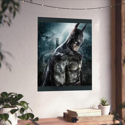 Batman Arkham Asylum official key art poster unframed on a white wall above a desk